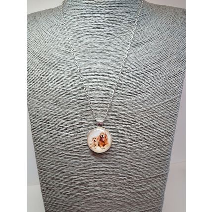 Golden Retriever Mother Pup Baby Glass Cabochon Pendant Silver Necklace Gift