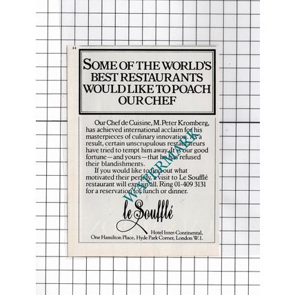 Le Souffle Hotel London Chef Peter Kromberg - 1980 Small Advert