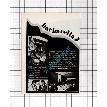Barbarella 2 Restaurant London Sandro Raphael Mario - 1980 Small Advert