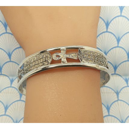 Vintage Egyptian Hallmarked 800 Fine Silver Ankh and Cartouche Cuff Bracelet