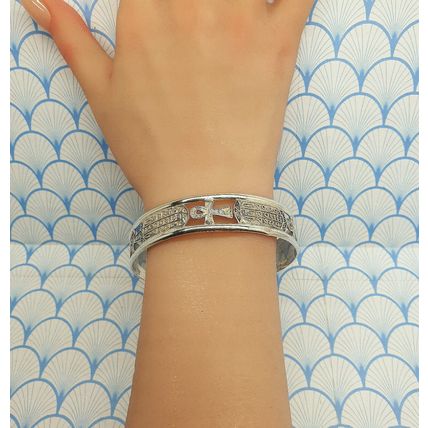 Vintage Egyptian Hallmarked 800 Fine Silver Ankh and Cartouche Cuff Bracelet