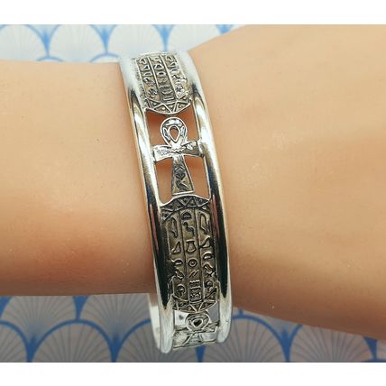 Vintage Egyptian Hallmarked 800 Fine Silver Ankh and Cartouche Cuff Bracelet