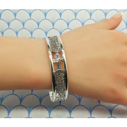 Vintage Egyptian Hallmarked 800 Fine Silver Ankh and Cartouche Cuff Bracelet