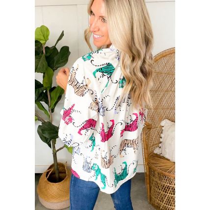White Colorful Tiger Print Ruffled Lantern Sleeve Blouse
