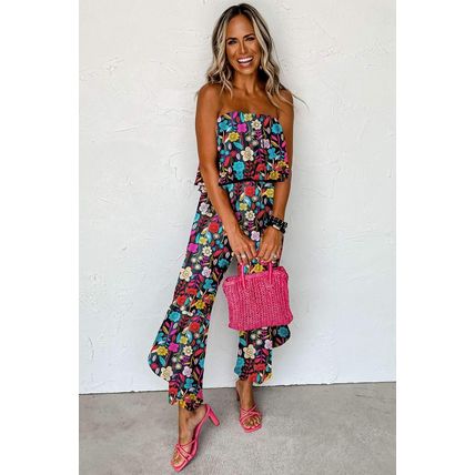 Red Mix Tropical Print Strapless Ruffled Jumpsuit