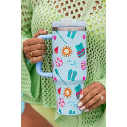 Light Blue Beach Day Fun Pattern Cup with Handle 40oz