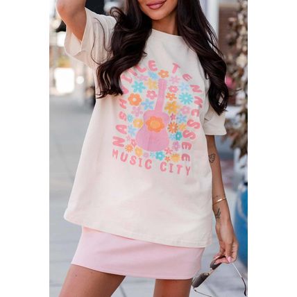 White Floral Guitar NASHVILLE Slogan Graphic T Shirt