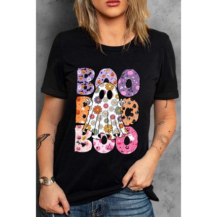 Black BOO Floral Ghost Print Crew Neck Halloween T Shirt