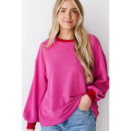 Bright Pink Corded Contrast Edge Drop Shoulder Long Sleeve Top