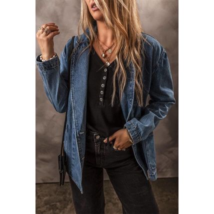 Sail Blue Side Pockets Lapel Collar Denim Jacket