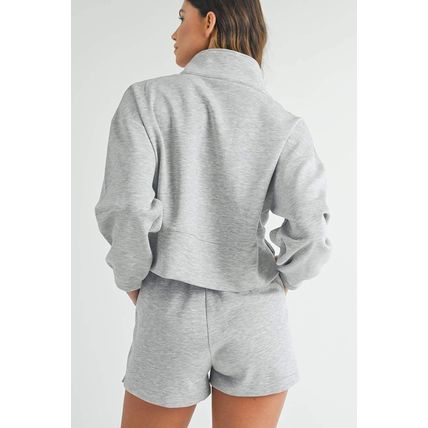 Light Grey Stand Neck Zipped Sweatshirt and Shorts Set