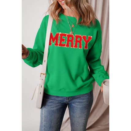 Dark Green Christmas Chenille MERRY Graphic Crew Neck Sweatshirt