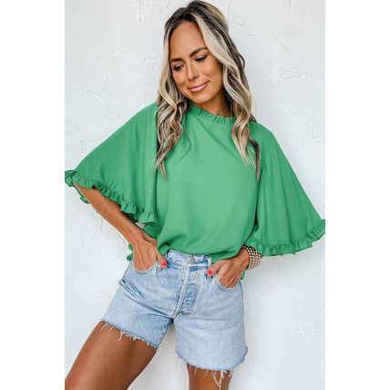 Green Frilly Round Neck Wide Half Sleeve Blouse