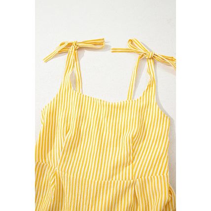 Yellow Stripe Shoulder Tie Smocked Back Wide Leg Casual Romper