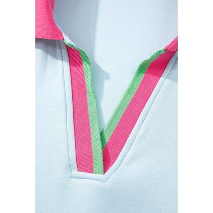Beau Blue Color Contrast Ruffled Sleeve Collared V Neck Blouse
