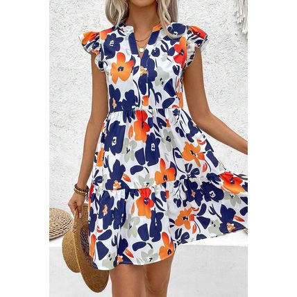 Orange Floral Print Notched Neck Flutter Sleeve Mini Dress