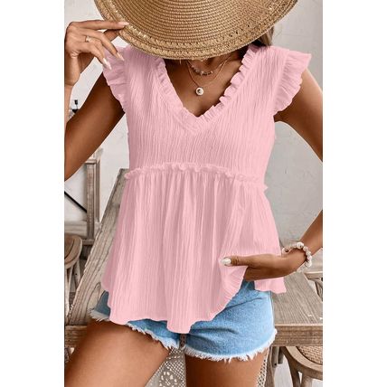 Light Pink Textured Ruffled Trim V Neck Flutter Flowy Top
