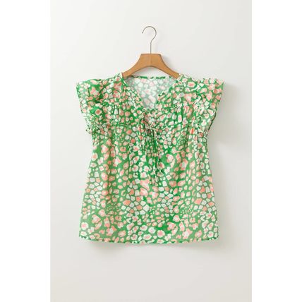 Green Abstract Leopard Tied Front Flutter Sleeve Blouse