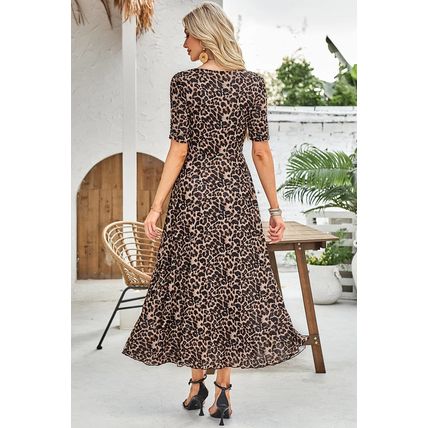 Brown Mesh Leopard Floral Reversible V Neck Short Sleeve Dress