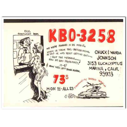kbo-3258 chuck johnson marina calif 1960s cb qsl card vintage postcard