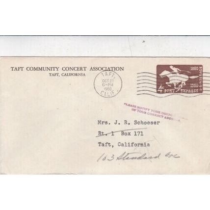 United States 1960 Taft CA community Concert cover Taft cancel written VGC