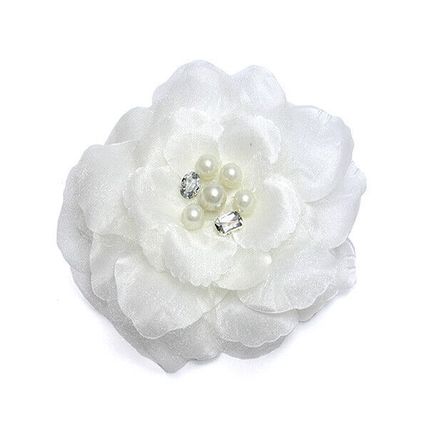 Brooch Silk Flower w/ Faux Pearl Beads - White - BC-ABO25113W