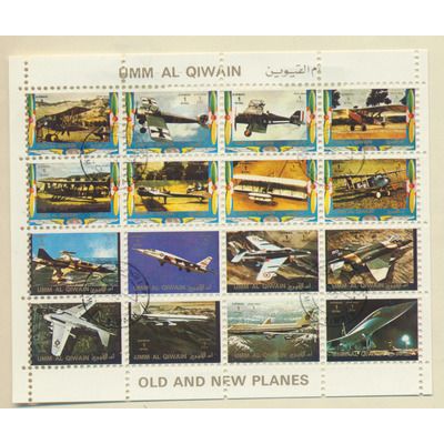 Umm-Al-Qiwain Stamps, Old and New Planes, Cancelled To Order, Mini-Sheet of 16
