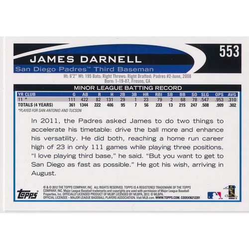 2012 Topps - #553 - James Darnell RC San Diego Padres