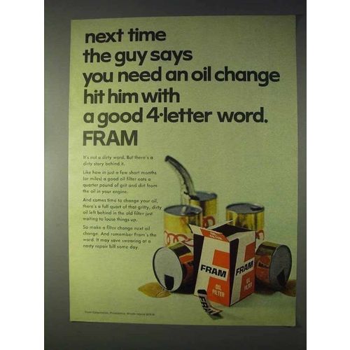 1969 Fram Oil Filter Ad - A Good 4-Letter Word