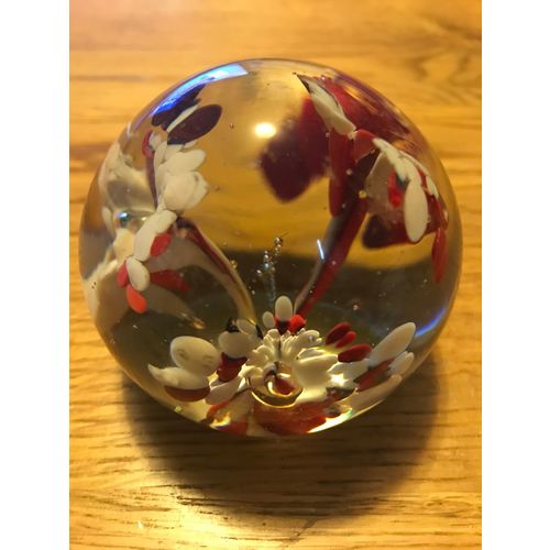 Glass Paper Weight with Red and White Flowers
