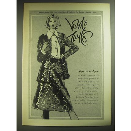 1974 Lord & Taylor Mario Forte for Rona Evening Suit Ad - Sequins suit you