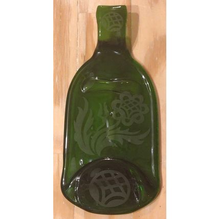 Up-Cycled Moss Green Wine Bottle Cheese Board & Knife Flower Frosted Design