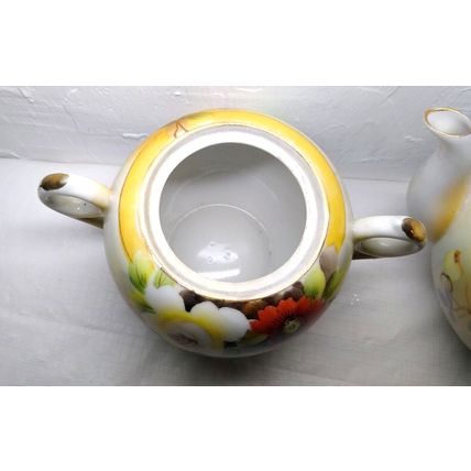 Vintage Teapot & Sugar Bowl w/Lid Poppy Flowers Gold Trim Orange White Japan