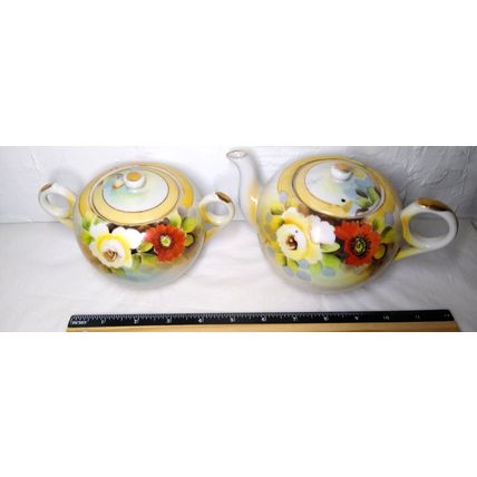 Vintage Teapot & Sugar Bowl w/Lid Poppy Flowers Gold Trim Orange White Japan