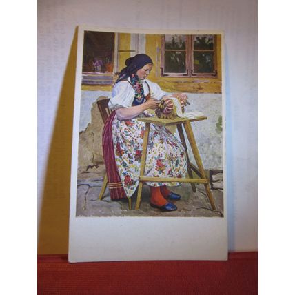 MAKING LACE by Vaclav Maly, Czeck artist unused postcard =
