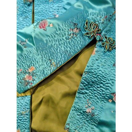 Wms Embroidered Aqua Floral Oriental Kimono Robe Gown Sm/Med Heavy Quality Flaw