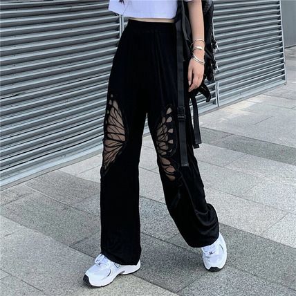 Women Loose Trousers Pants Hollow Out Butterfly Drop Elastic Waist Hip-hop