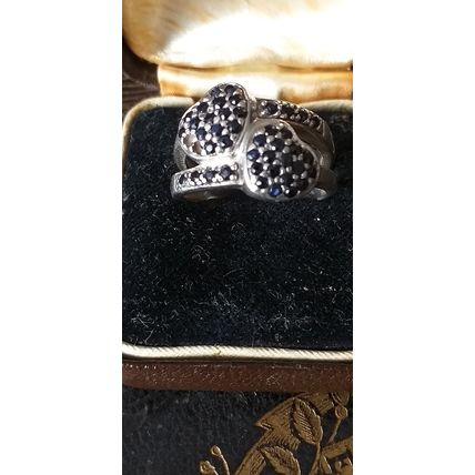 Antique Vintage 1940-s Sapphires Sterling Silver Ring Size UK N, US 6.5. Heavy!