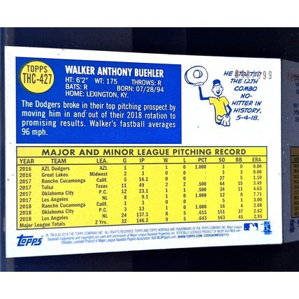 WALKER BUEHLER 2019 TOPPS HERITAGE REFRACTOR- S/N 848/999BASEBALL CARD #427