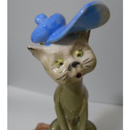 Vintage Lino Zampiva Cat in Blue Hat Sitting on Suitcase Figurine - 1976
