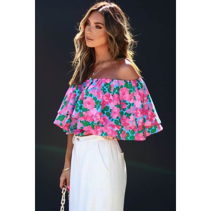 Rose Floral Off-Shoulder Tiered Ruffle Blouse