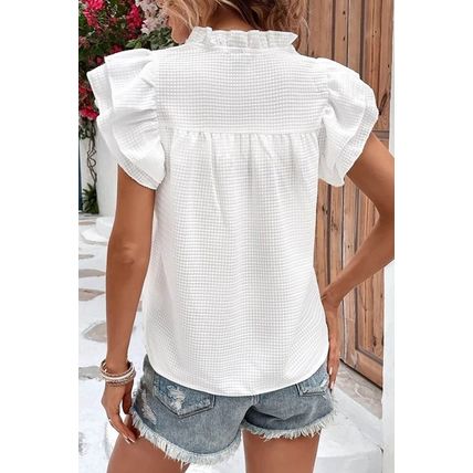 White Ruffle Accent Flutter Sleeve Notch Neck Top