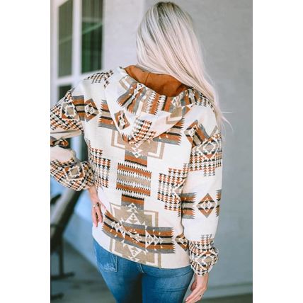 Beige Aztec Print Kangaroo Pocket Half-Zip Hoodie