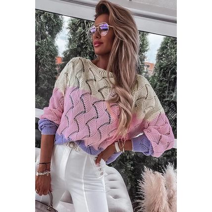 Pink Color Block Hollow Knitted Loose Sweater