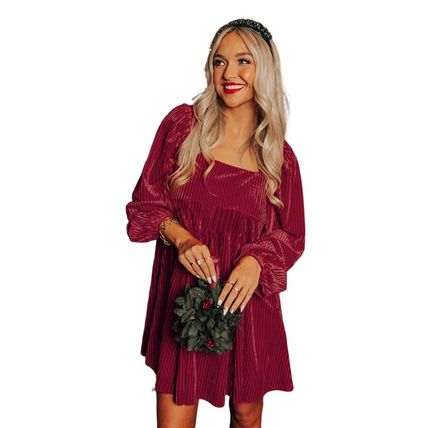 Red Tie Back Square Neck Velvet Babydoll Dress