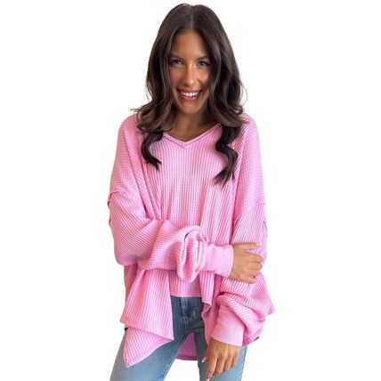 Bonbon Waffle Knit Exposed Seam High Low Top