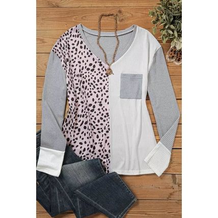Leopard Patchwork Ribbed Color Block V Neck Top