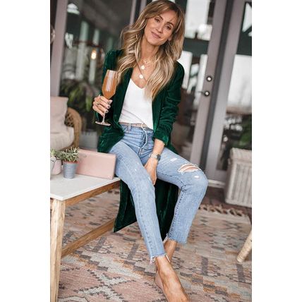 Green Velvet Open Front Pocketed Long Duster