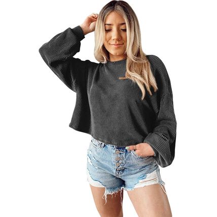 Black Cording Drop Shoulder Puff Sleeve Casual Long Sleeve Top