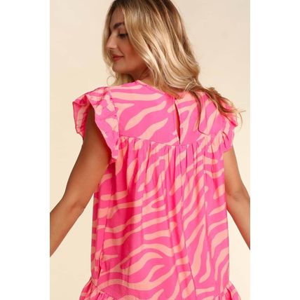 Pink Zebra Stripe Printed Ruffle Trim Pocketed Dress
